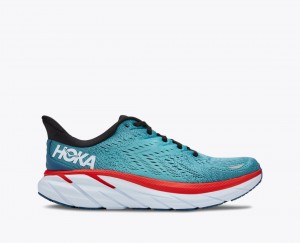 HOKA Clifton 8 Men's Running Shoes Turquoise / Red | 71908SBRO