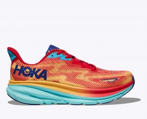 HOKA Clifton 9 Women's Running Shoes Orange / Red / Blue | 06173DZCX