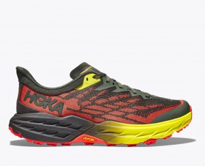 HOKA Speedgoat 5 Men's Trail Running Shoes Black / Red / Yellow | 98735JHCY