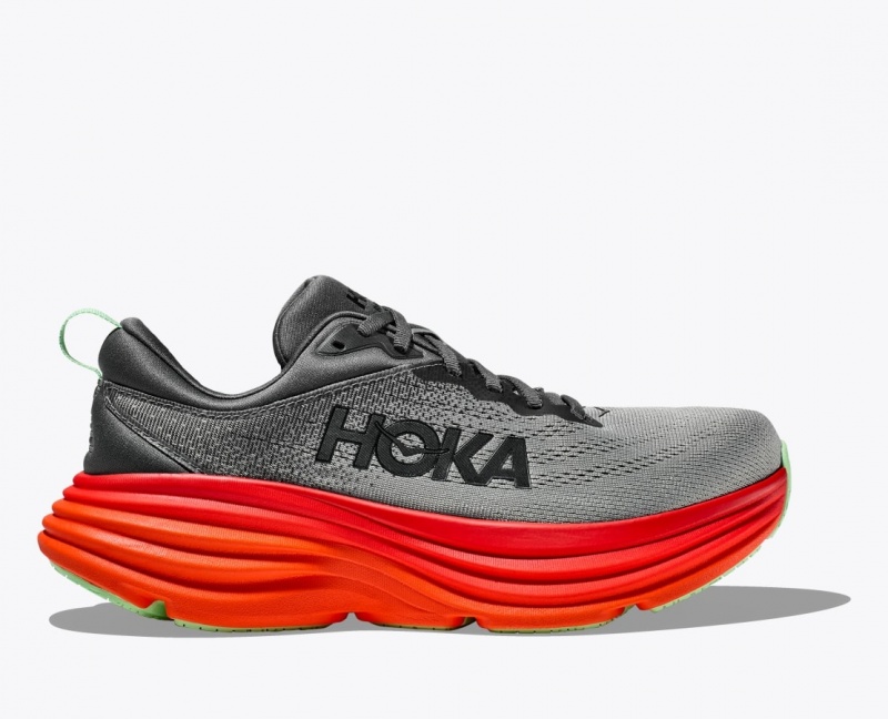 HOKA Bondi 8 Men\'s Running Shoes Dark Grey / Red | 75483AQKM