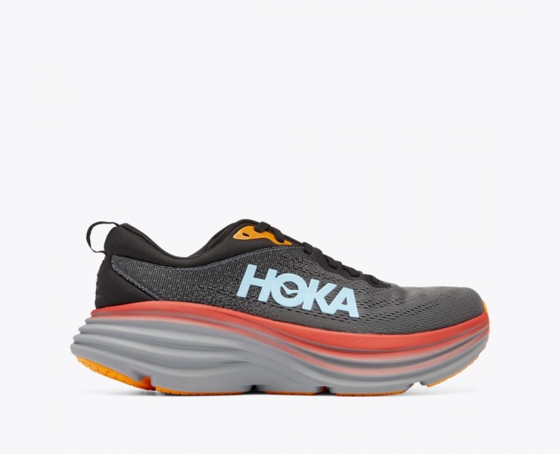 HOKA Bondi 8 Men\'s Running Shoes Dark Grey / Red / Black | 20934LGCJ