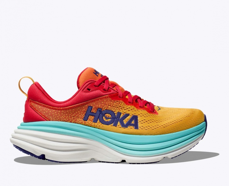 HOKA Bondi 8 Men\'s Running Shoes Orange / Red / Turquoise | 32018URKJ