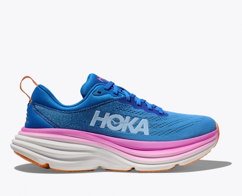 HOKA Bondi 8 Women\'s Running Shoes Blue / Pink | 14897CYJP