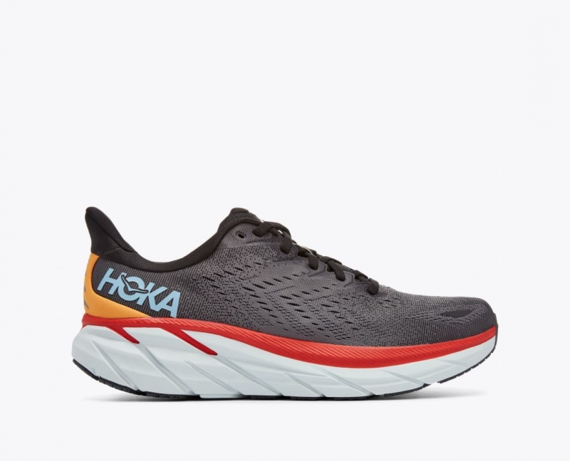 HOKA Clifton 8 Men\'s Running Shoes Dark Grey / Red | 21498QKDV