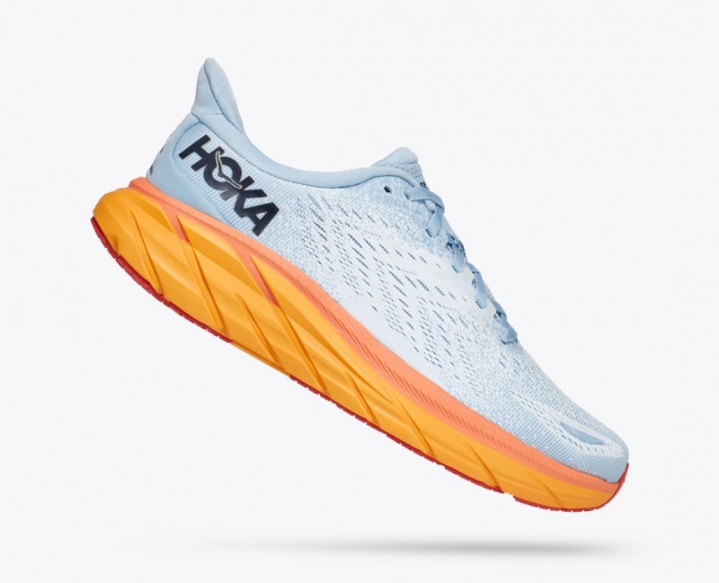 HOKA Clifton 8 Women's Running Shoes Light Blue / White / Orange | 26831BNTG