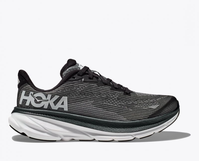 HOKA Clifton 9 Kids\' Running Shoes Black / White | 83102HPNI