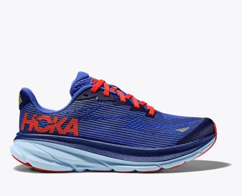 HOKA Clifton 9 Kids\' Running Shoes Dark Blue / Red | 40613AQZN