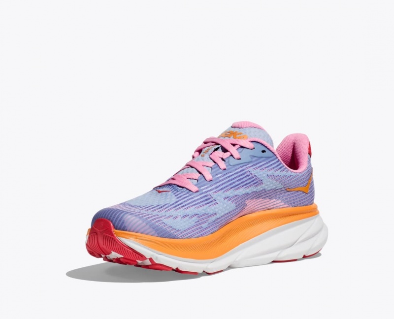 HOKA Clifton 9 Kids' Running Shoes Light Purple / Orange / Pink | 62513YXQJ