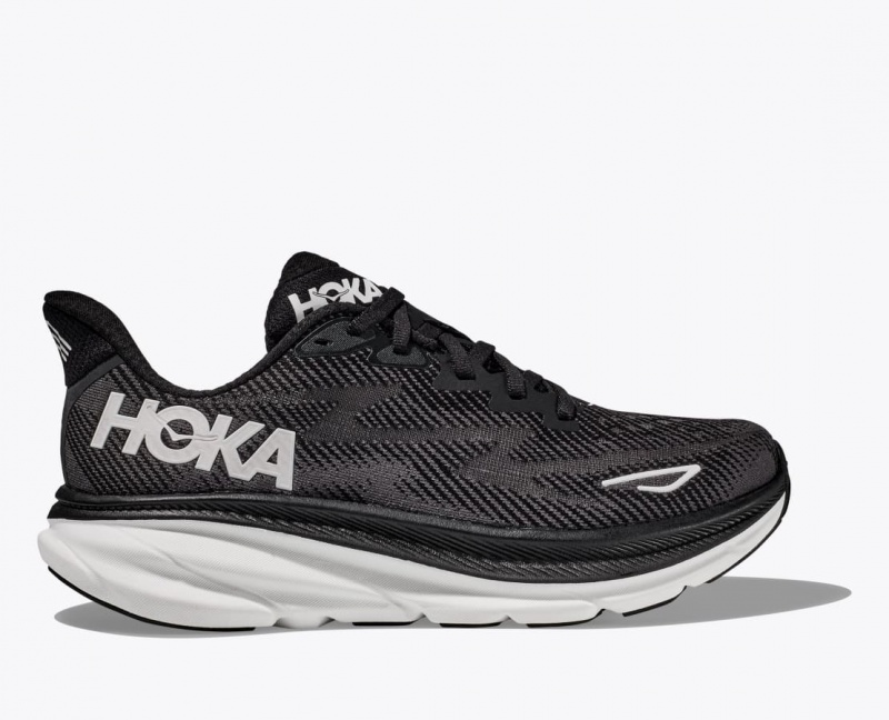 HOKA Clifton 9 Men\'s Running Shoes Black / White | 72064GLDB