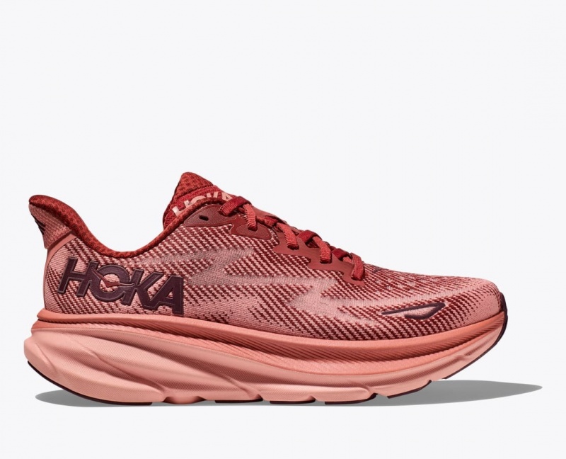 HOKA Clifton 9 Men\'s Running Shoes Dark Red / Coral | 27345DSAH