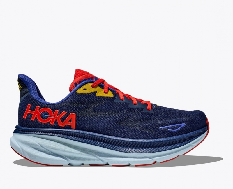 HOKA Clifton 9 Men\'s Running Shoes Navy / Dark Coral | 52107HDPS