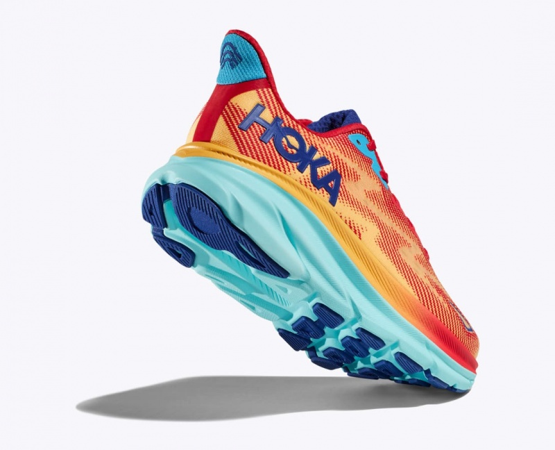 HOKA Clifton 9 Women's Running Shoes Orange / Red / Blue | 06173DZCX