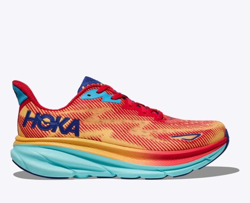 HOKA Clifton 9 Women\'s Running Shoes Orange / Red / Blue | 06173DZCX