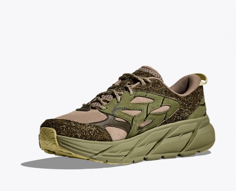 HOKA Elite Terrain System Clifton L Suede Men's Sneakers Green / Beige | 59148CQBO