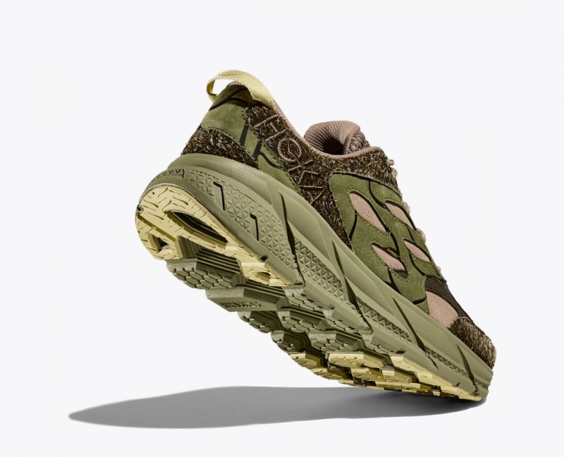 HOKA Elite Terrain System Clifton L Suede Men's Sneakers Green / Beige | 59148CQBO